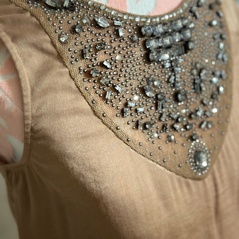 Bronze Short Dress, with rhinestones neckline. Side seam pkys and waist tie.